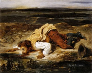 ウジェーヌ・ドラクロワ Painting - 瀕死の重傷を負った山賊が渇きを潤すロマンチックなユージン・ドラクロワ